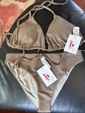 Splash Hawaii Ribbed Bikini Set Taupe XL Top S Bottom NWT